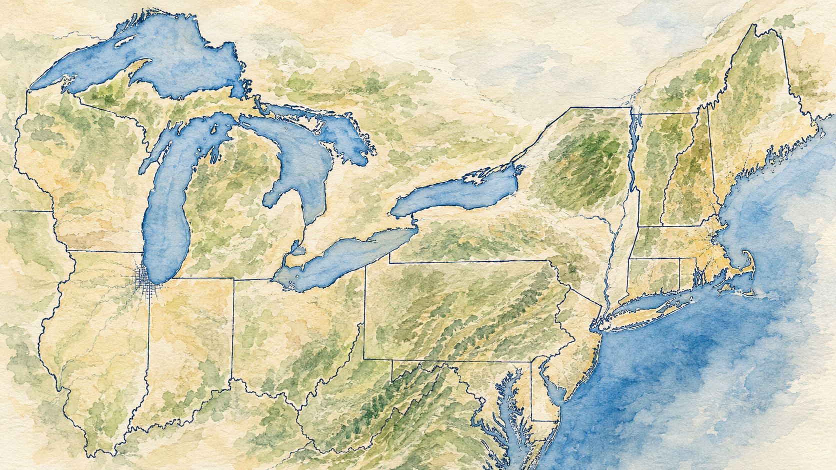 Pen and watercolor map with clearly drawn state boundaries, including New York, Long Island, Illinois, and the Great Lakes